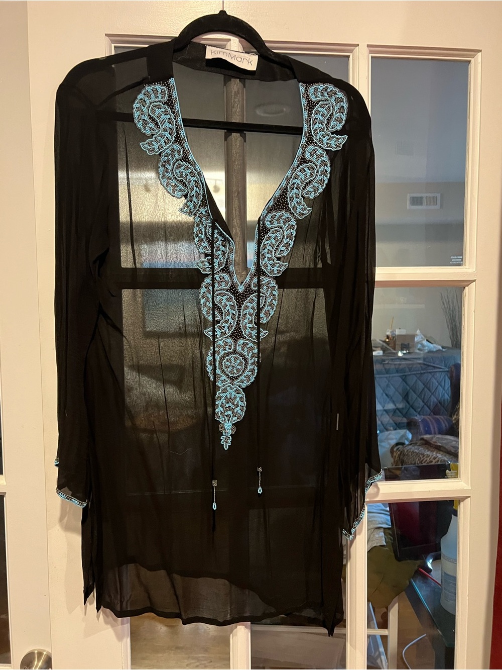 Kim Mark Black Sheer Tunic with  Turquoise bead Embroidery
